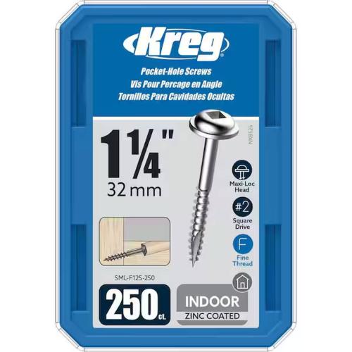 Kreg SML-F125-250 Pocket-Hole Screw, #7 Thread, 1-1/4 in L, Fine Thread, Maxi-Loc Head, Square Drive, Carbon Steel, Zinc Alt #1