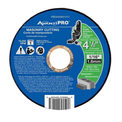 Avanti Pro PBD045063101C Cut-Off Wheel, 4-1/2 in Dia, 1/16 in Thick, 7/8 in Arbor