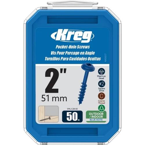 Kreg Blue-Kote SML-C2B-50 Pocket-Hole Screw, #8 Thread, 2 in L, Coarse Thread, Maxi-Loc Head, Square Drive, 50/PK Box Alt #1