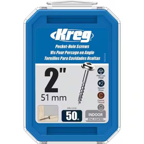 Kreg SML-C2 - 50 Pocket-Hole Screw, #8 Thread, 2 in L, Coarse Thread, Square Drive, Carbon Steel, Zinc, 50/PK box Alt #2