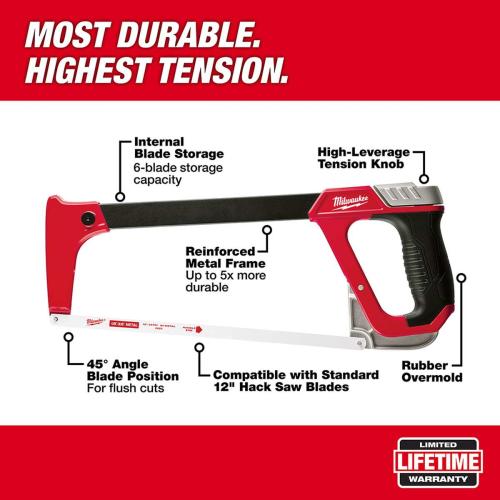 Milwaukee 48-22-0050 Hacksaw, 12 in L Blade, 24 TPI, Bi-Metal Blade, Metal Frame, Rubber Handle Alt #4