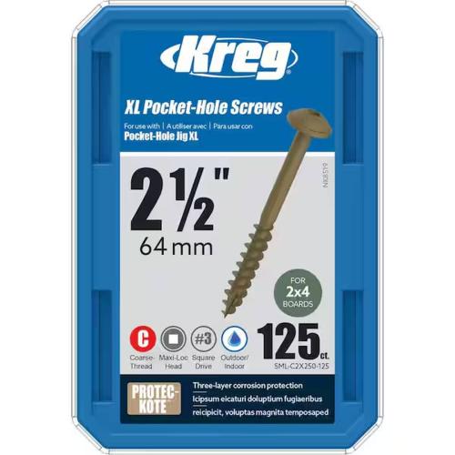 Kreg SML-C2X250-125 Pocket-Hole Screw, #14 Thread, 2-1/2 in L, Coarse Thread, Washer Head, Square Drive, Steel, 125 PK Box Alt #1