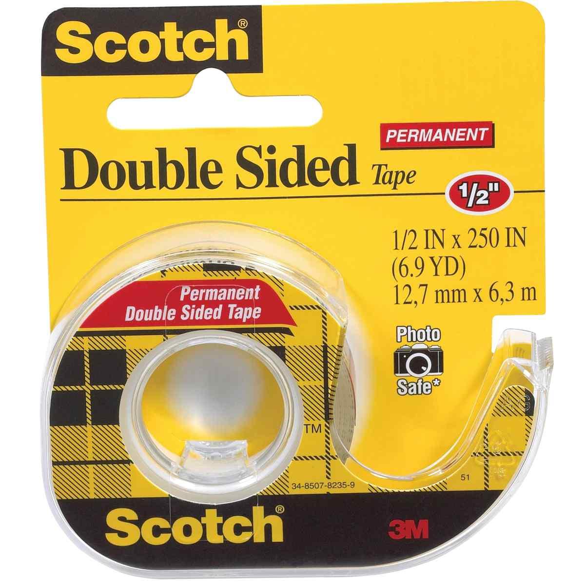 Scotch 136 Double-Sided Permanent Office Tape, 250 in L, 1/2 in W, Plastic Backing