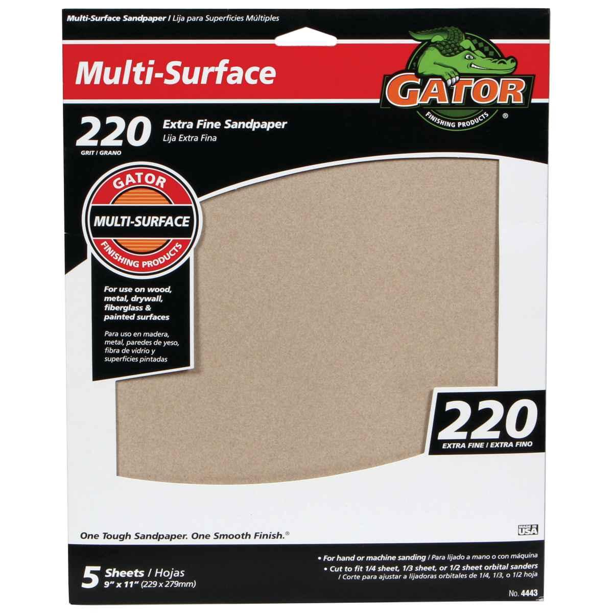 Gator 4443 Sanding Sheet, 11 in L, 9 in W, Aluminum Oxide Abrasive, 220 Grit, Extra Fine