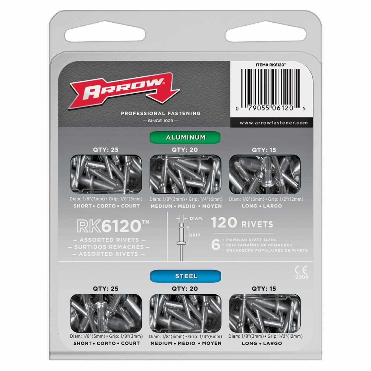 Arrow RK6120 Pop Rivet Assortment Pack, 1/8 to 1/2 in L, Aluminum/Steel