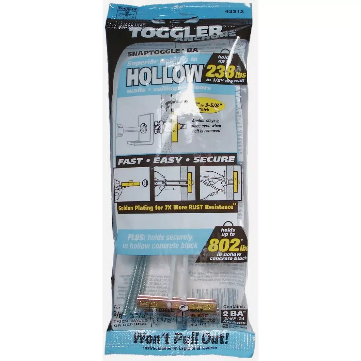 Snap Toggle Bolts 3/16-24X 2-1/2