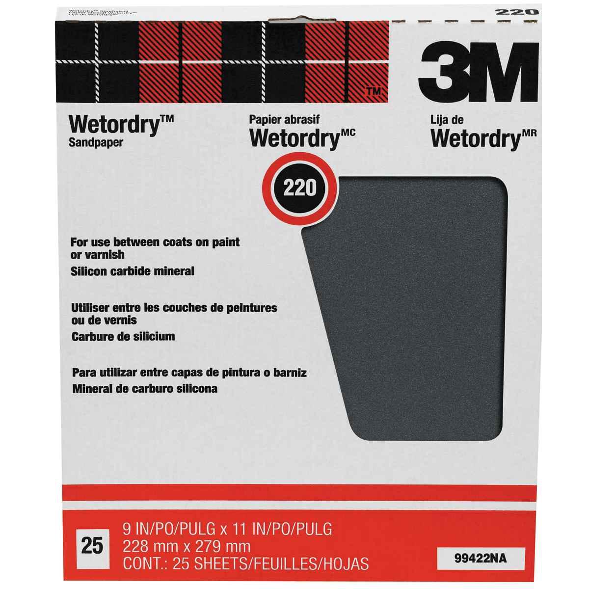 3M Wetordry 99422NA Sandpaper, Black, 11 in L, 9 in W, Very Fine, 220 Grit, Silicon Carbide Abrasive, Paper Backing