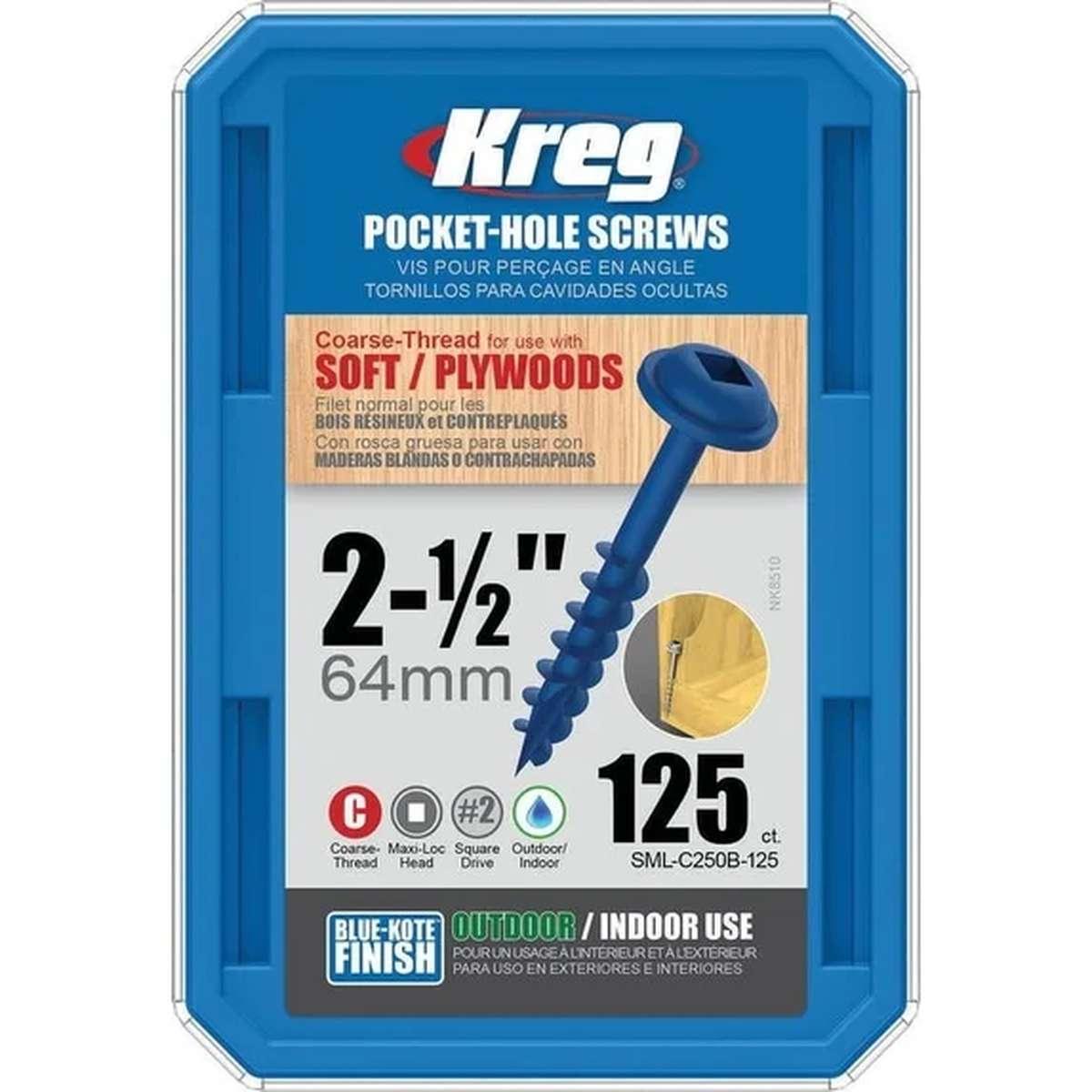 Kreg Blue-Kote SML-C250B-125 Pocket-Hole Screw, #8 Thread, Coarse Thread, Square Drive, Carbon Steel, 125/PK Box Alt #1
