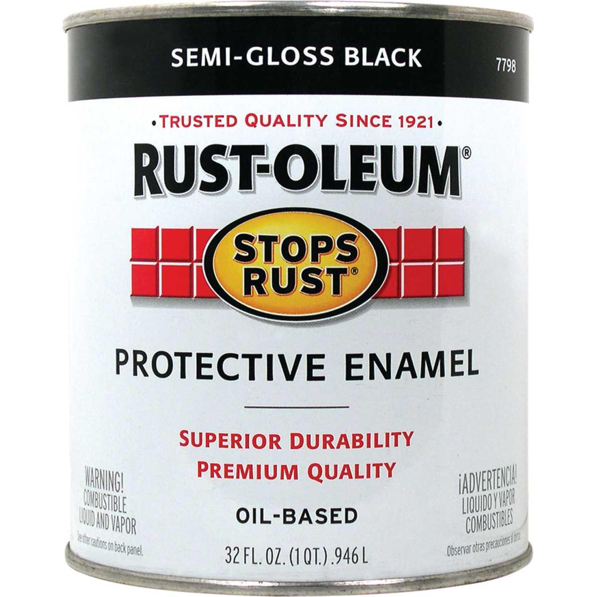 Stops Rust 7798502 Enamel Paint, Oil Base, Semi-Gloss Sheen, Black, 1 qt, Can, 50 to 100 sq-ft/qt Coverage Area