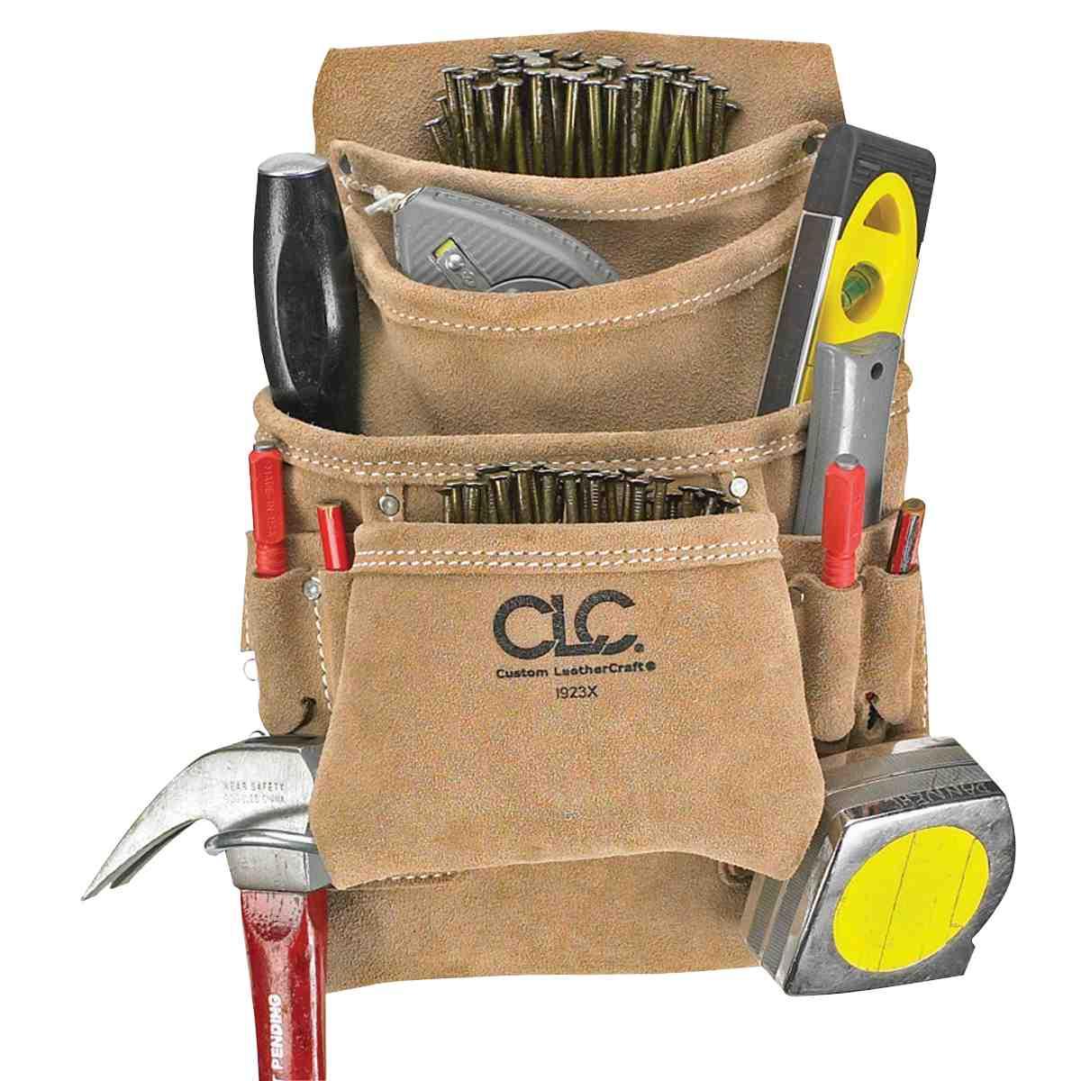 CLC Tool Works Series I923X Nail/Tool Bag, 20-1/2 in W, 12 in H, 10-Pocket, Suede Leather, Tan