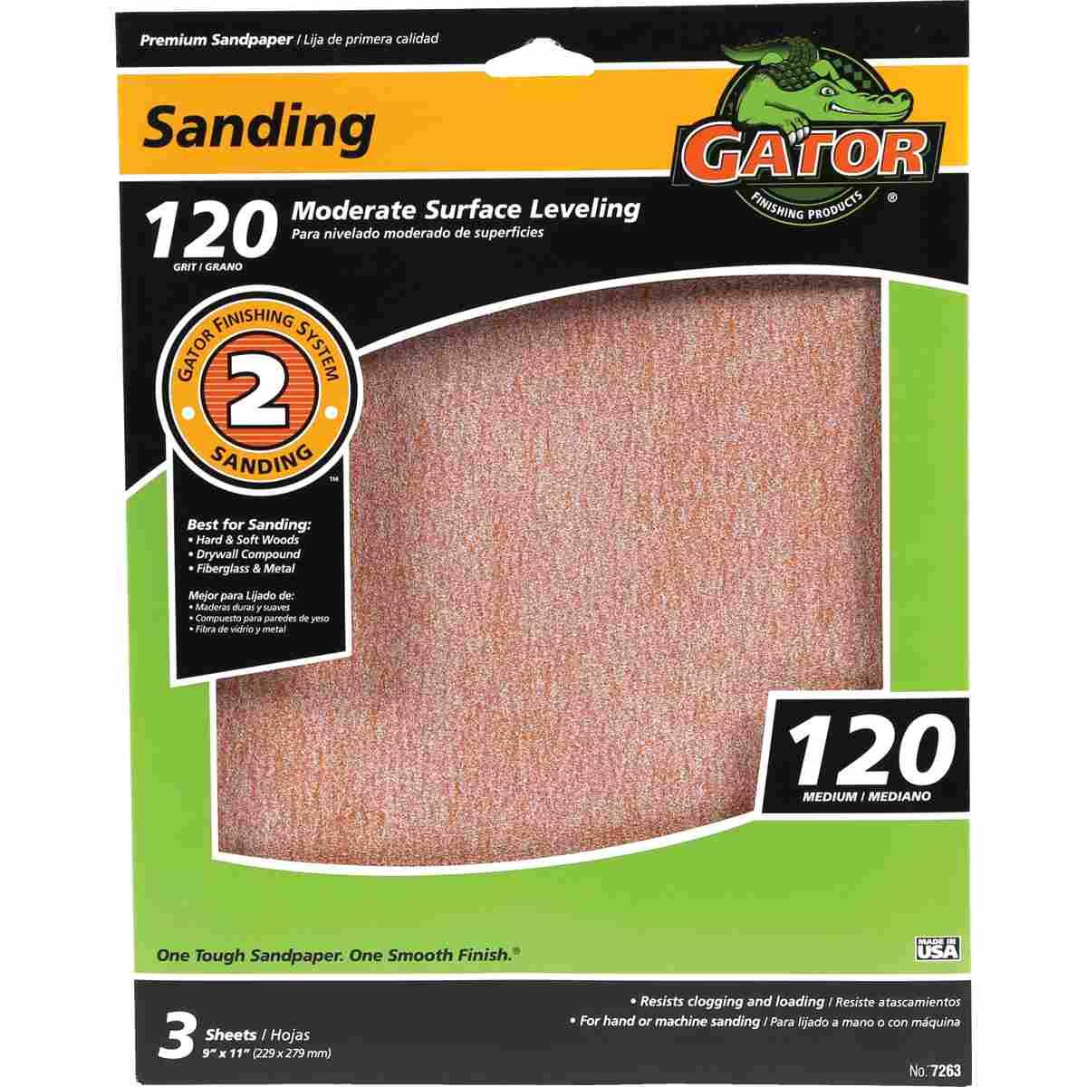 Gator AlumiNext 7263 Sanding Sheet, 11 in L, 9 in W, 120 Grit, Fine, Aluminum Oxide Abrasive