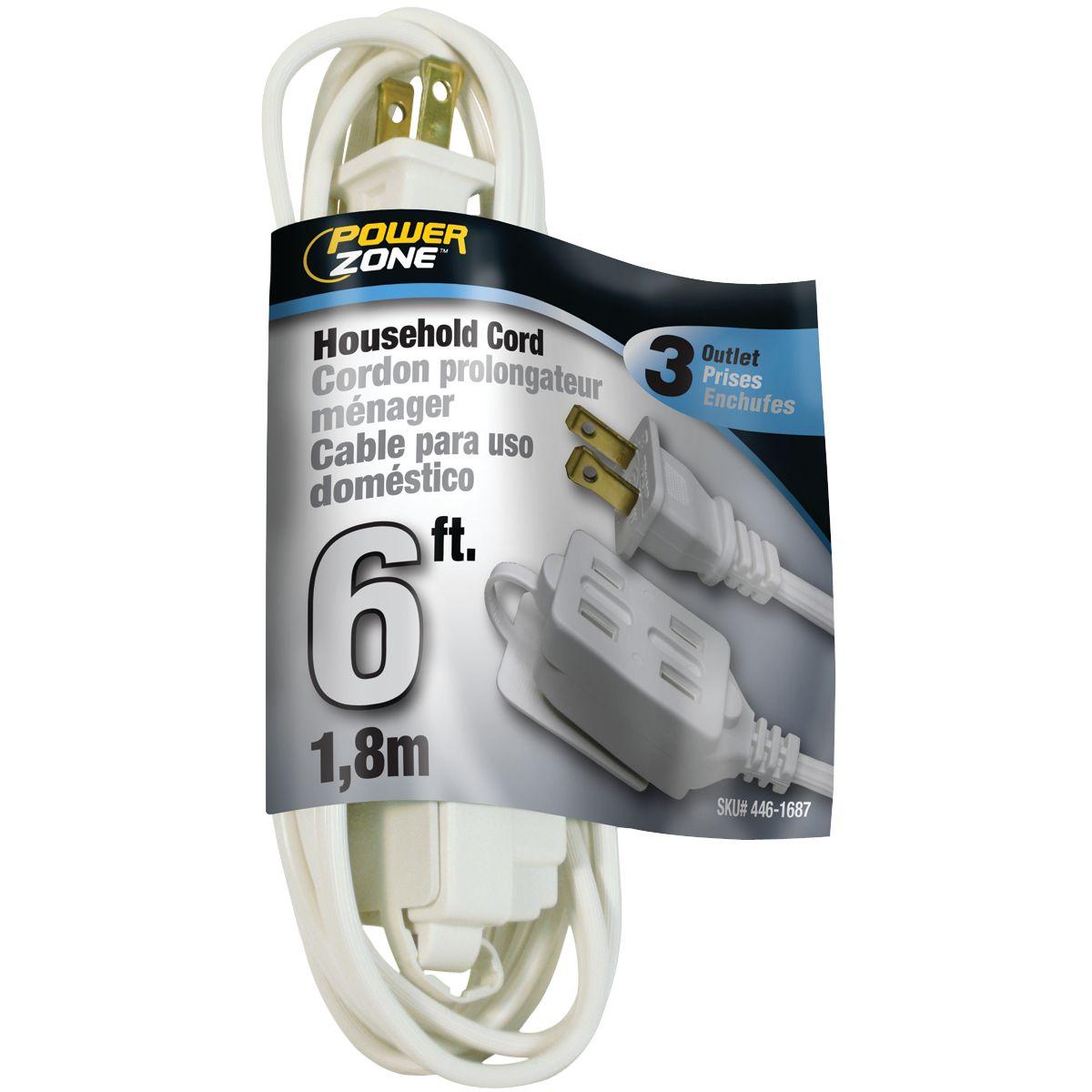 PowerZone OR660606 Extension Cord, 16 AWG Cable, 6 ft L, 125 V, White