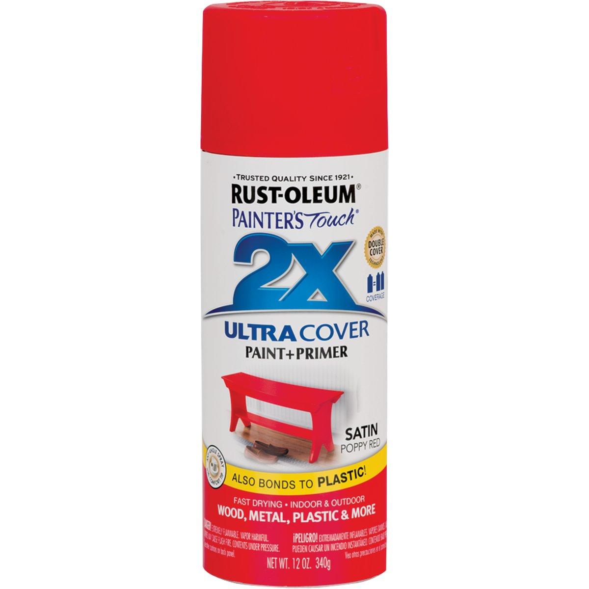 Rust-Oleum Painter's Touch 2X Ultra Cover 334084 Spray Paint, Satin, Poppy Red, 12 oz, Aerosol Can