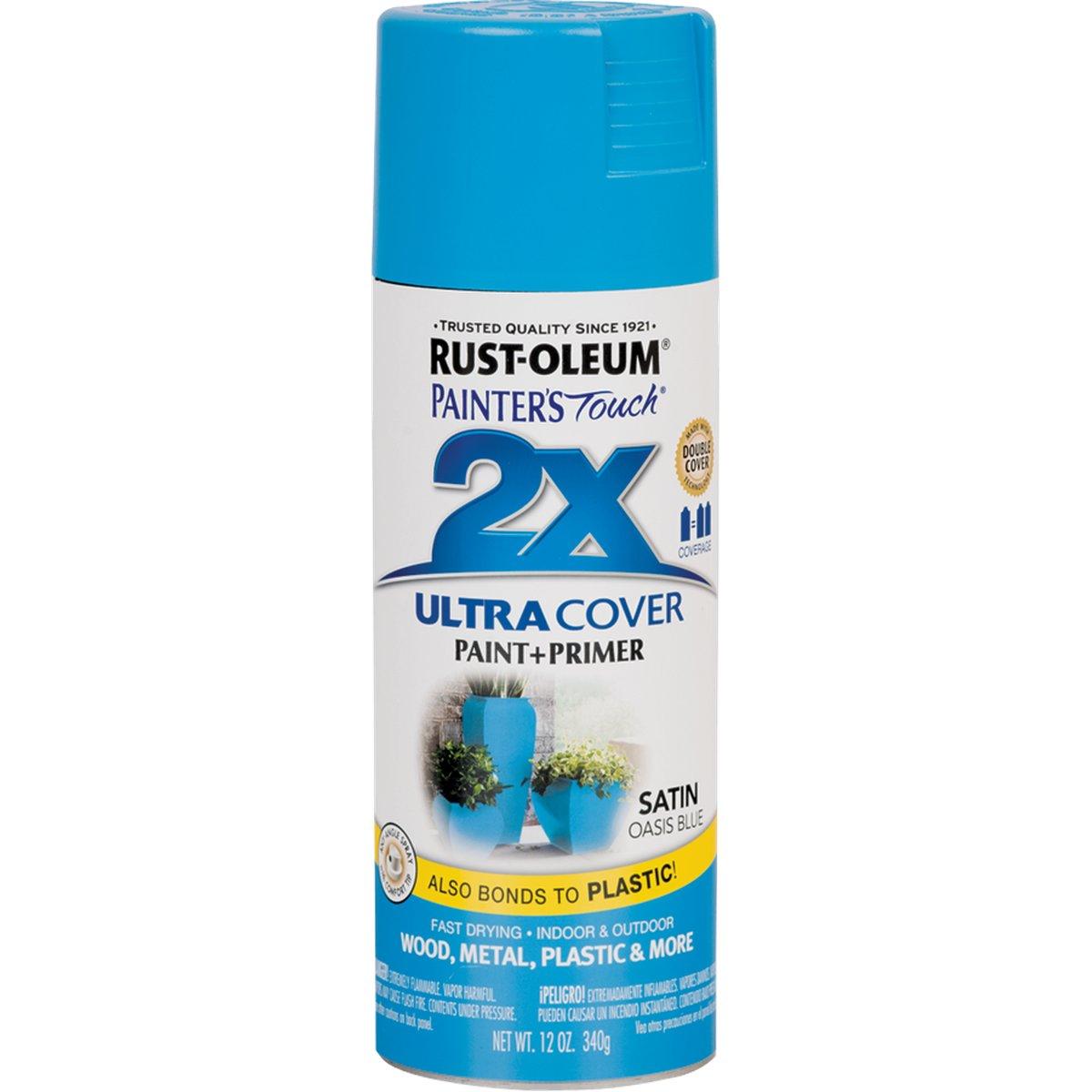 Rust-Oleum Painter's Touch 2X Ultra Cover 334085 Spray Paint, Satin, Oasis Blue, 12 oz, Aerosol Can