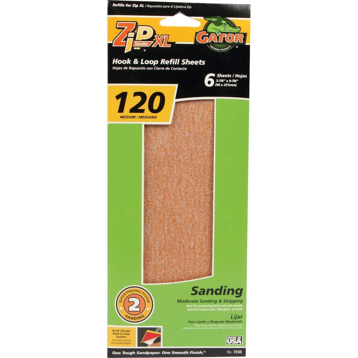 Gator ZipXL 7245 Sanding Sheet Refill, 9-7/8 in L, 3-7/8 in W, 120 Grit, Fine, Aluminum Oxide Abrasive