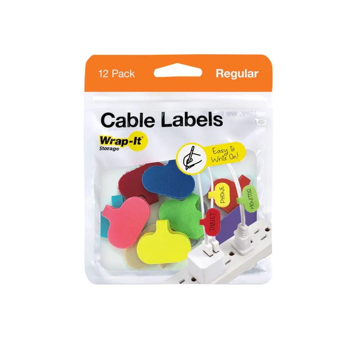 Cable Labels, 1.2 in x 0.63 in, Nylon, Assorted Colors, 12-Pack