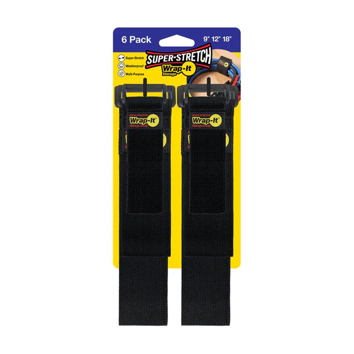 Super-Stretch Storage Straps, Assorted Sizes, Hook and Loop, 6-Pack