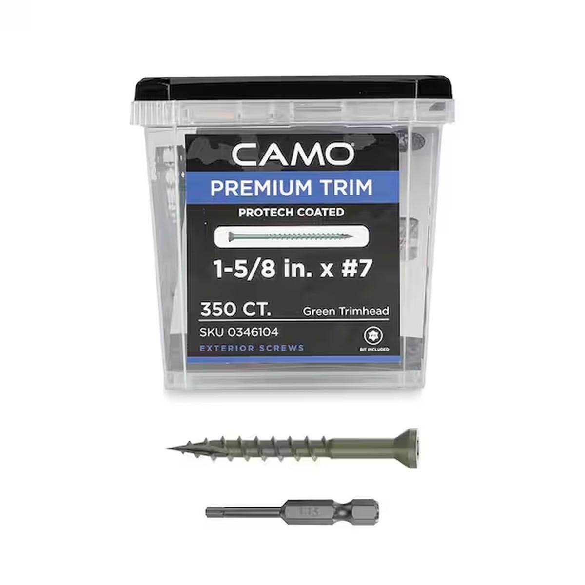 Camo 0346104 Deck Screw, #7 Thread, 1-5/8 in L, Trim Head, Star Drive, Type 17 Slash Point, Carbon Steel, 350/PK