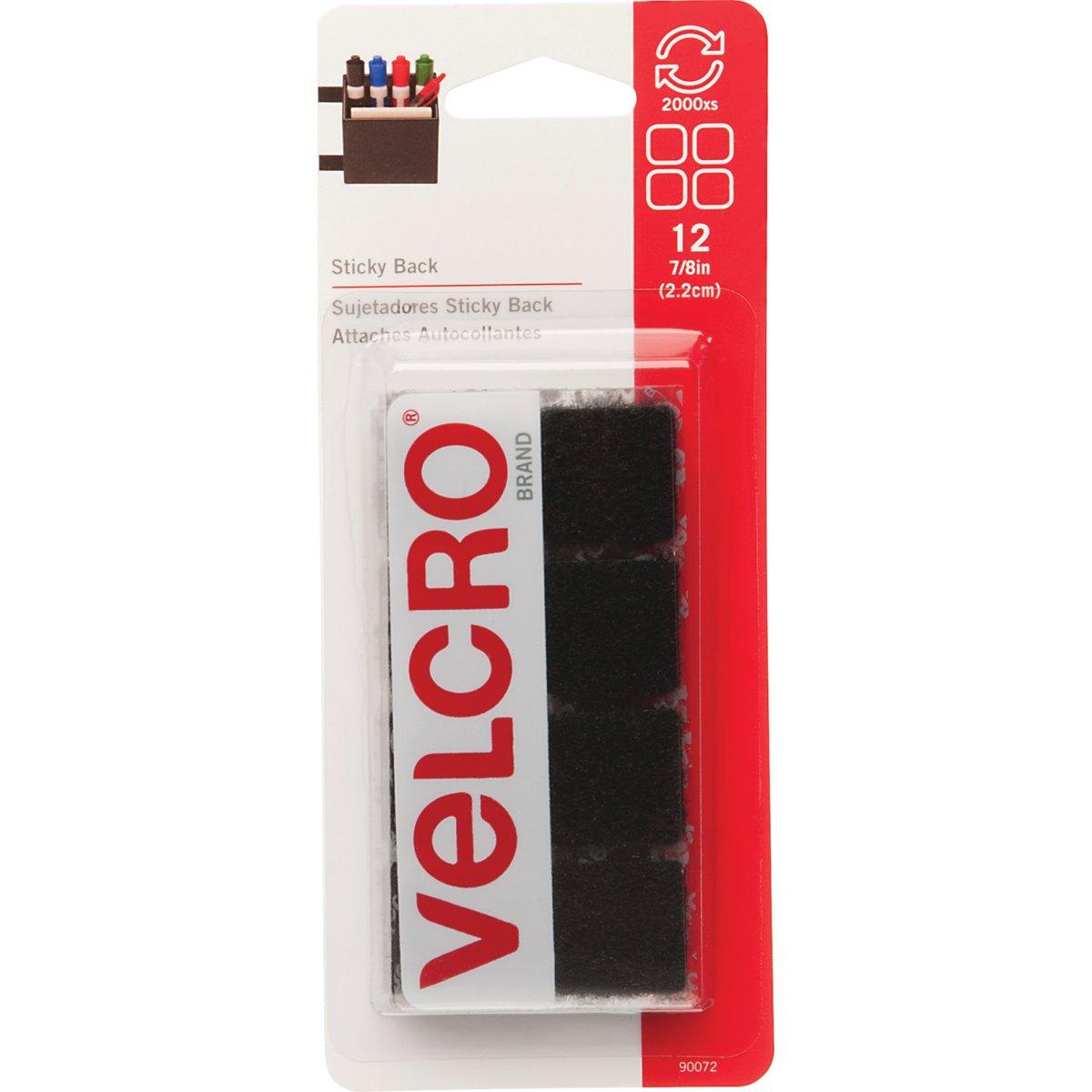 VELCRO Brand 90072 Hook and Loop Fastener, 7/8 in W, 7/8 in L, Nylon, Black, Rubber Adhesive