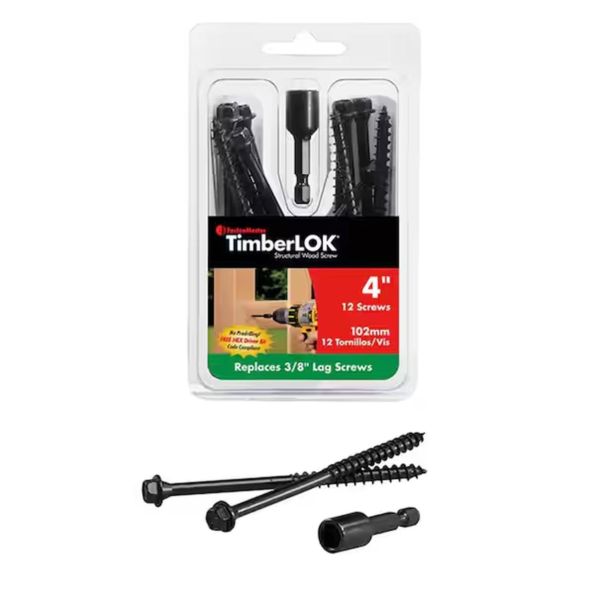 TimberLOK Structural Wood Screws, Hex Head 4-in, Black 12-Pack