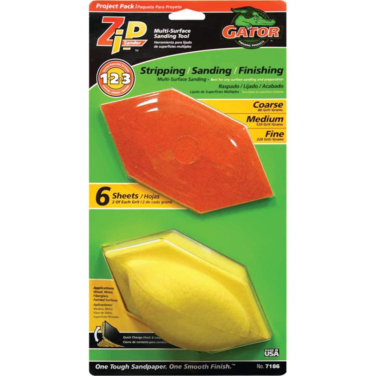 Gator Zip Sander 7186 Sander Tool Kit, 6 in L, 3 in W, 80, 120, 220 Grit, Extra Fine, Fine, Medium