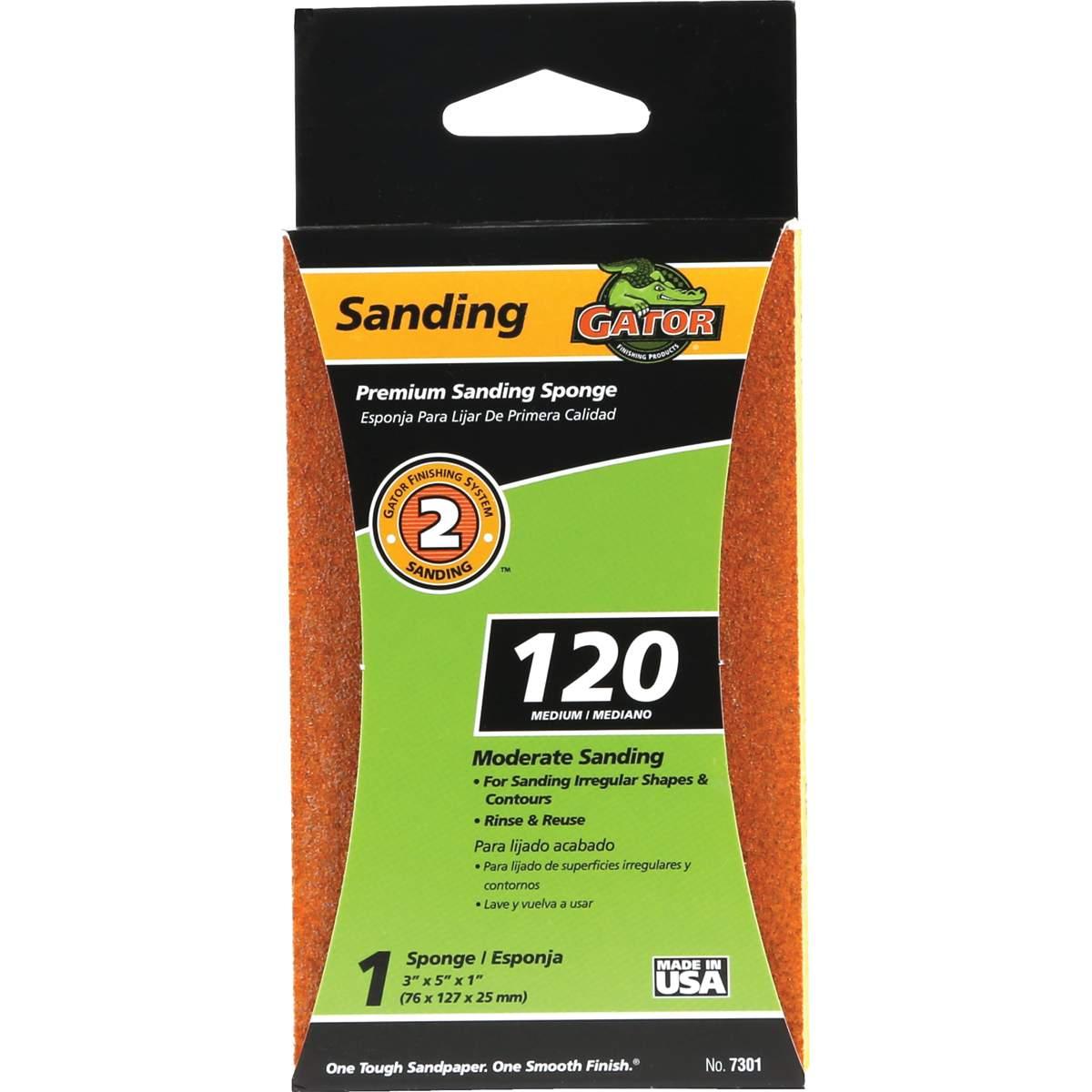 Gator 7301 Sanding Sponge, 5 in L, 3 in W, 120 Grit, Aluminum Oxide Abrasive
