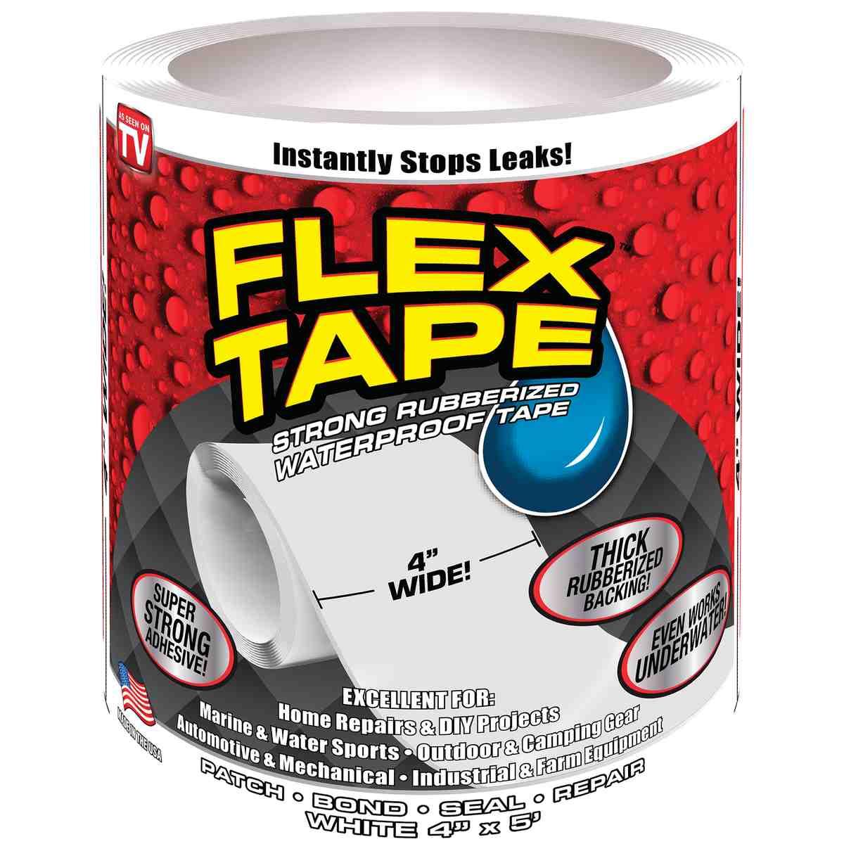 Flex Tape TFSWHTR0405 Tape, 5 ft L, 4 in W, Rubber Backing