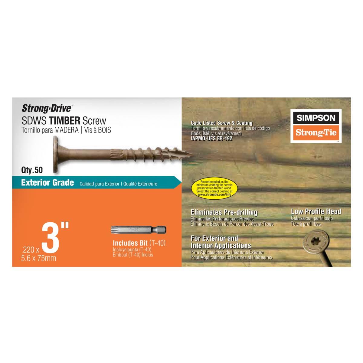 Simpson Strong-Tie Strong-Drive SDWS SDWS22300DB-R50 Timber Screw, 3 in L, Serrated Thread, Washer Head, Steel, Tan Alt #2