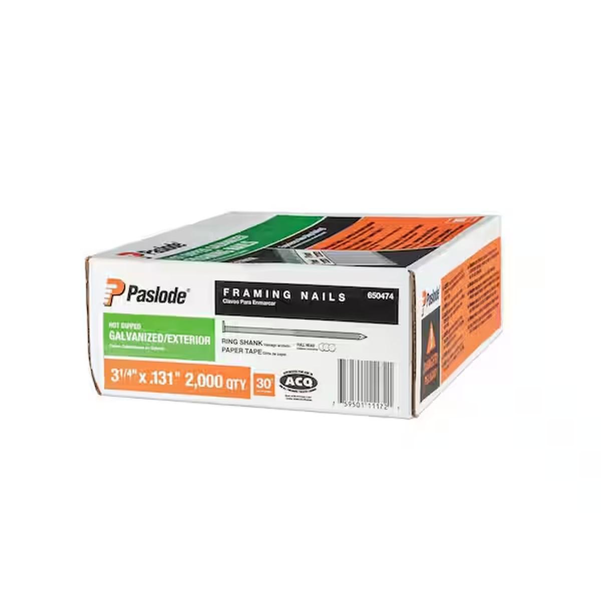 Paslode 650474 Framing Nail, 3-1/4 in L, Steel, Galvanized, Ring Shank Box Image Alt #1