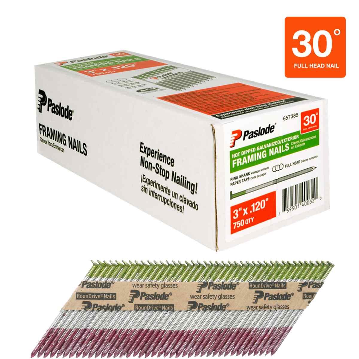 Framing Nails, 3 in, Paper Tape Collated, Hot-Dipped Galvanized, Ring Shank, Round Head