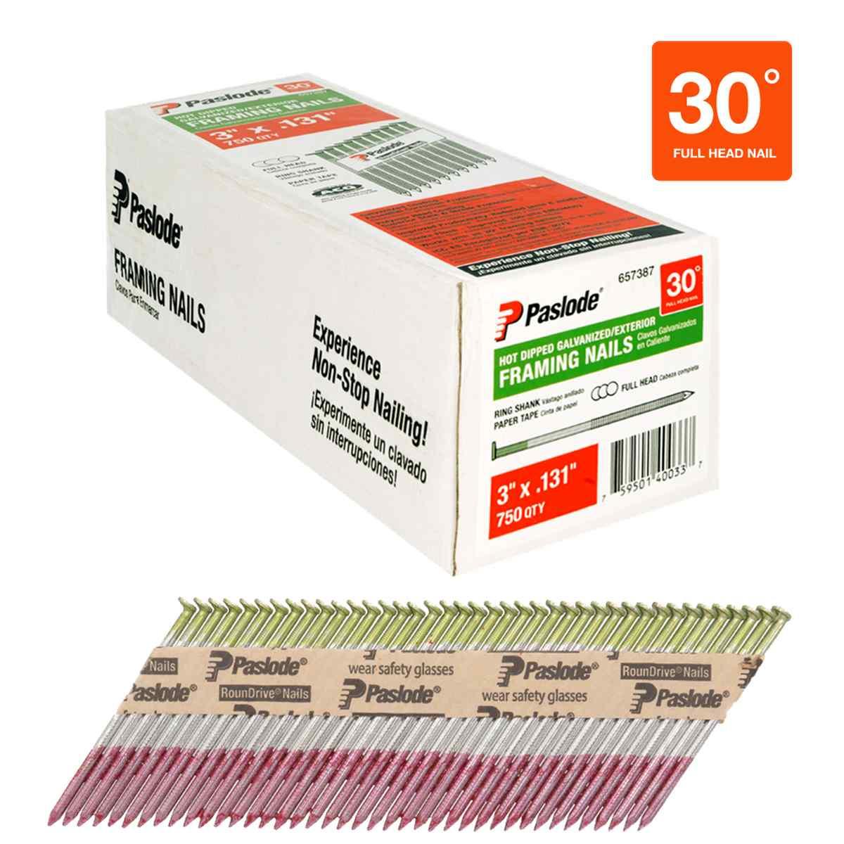 Framing Nails, 3 in, Paper Tape Collated, Hot-Dipped Galvanized, Round Head