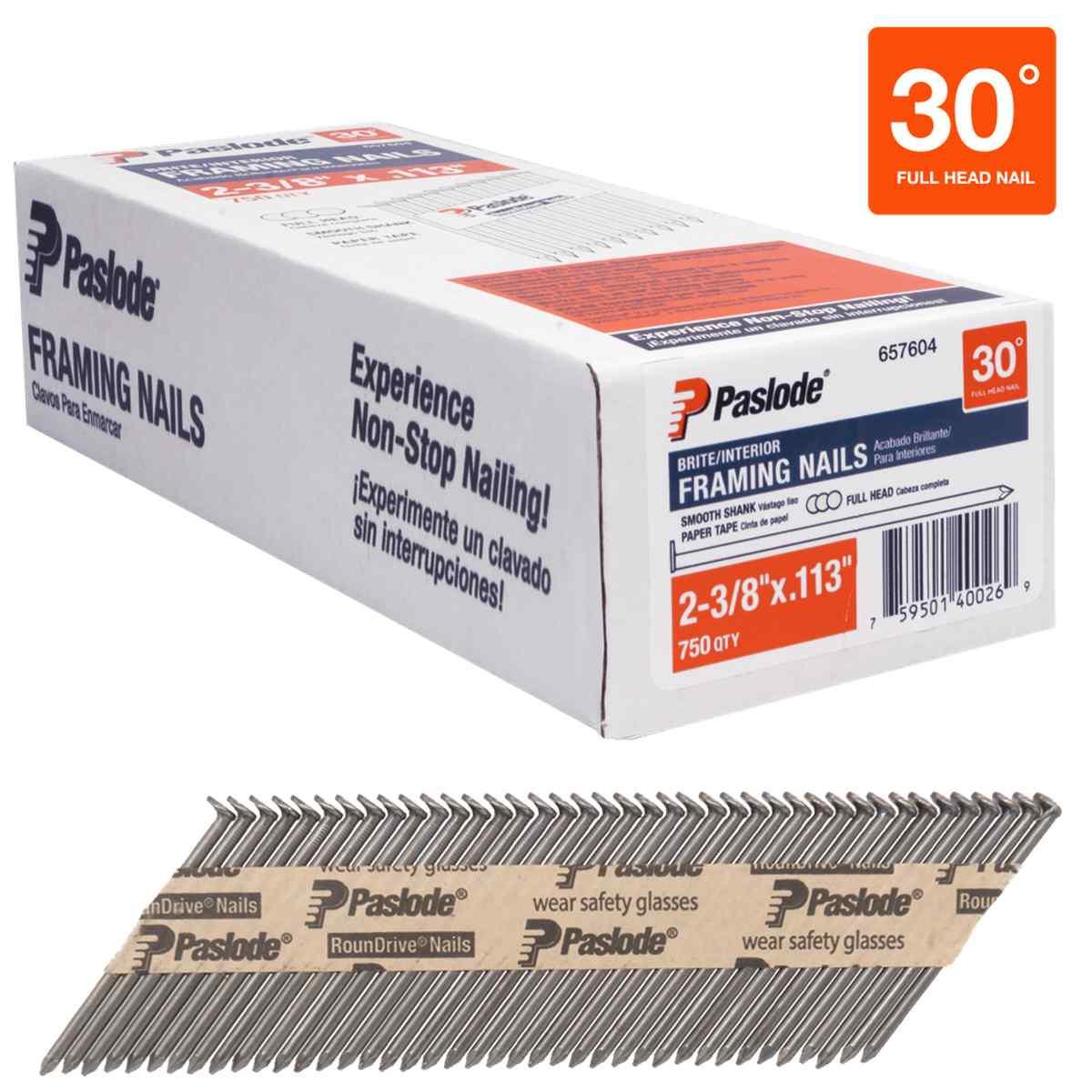 Framing Nails, 2-3/8 in, Paper Tape Collated, Brite, Smooth Shank, Round Head