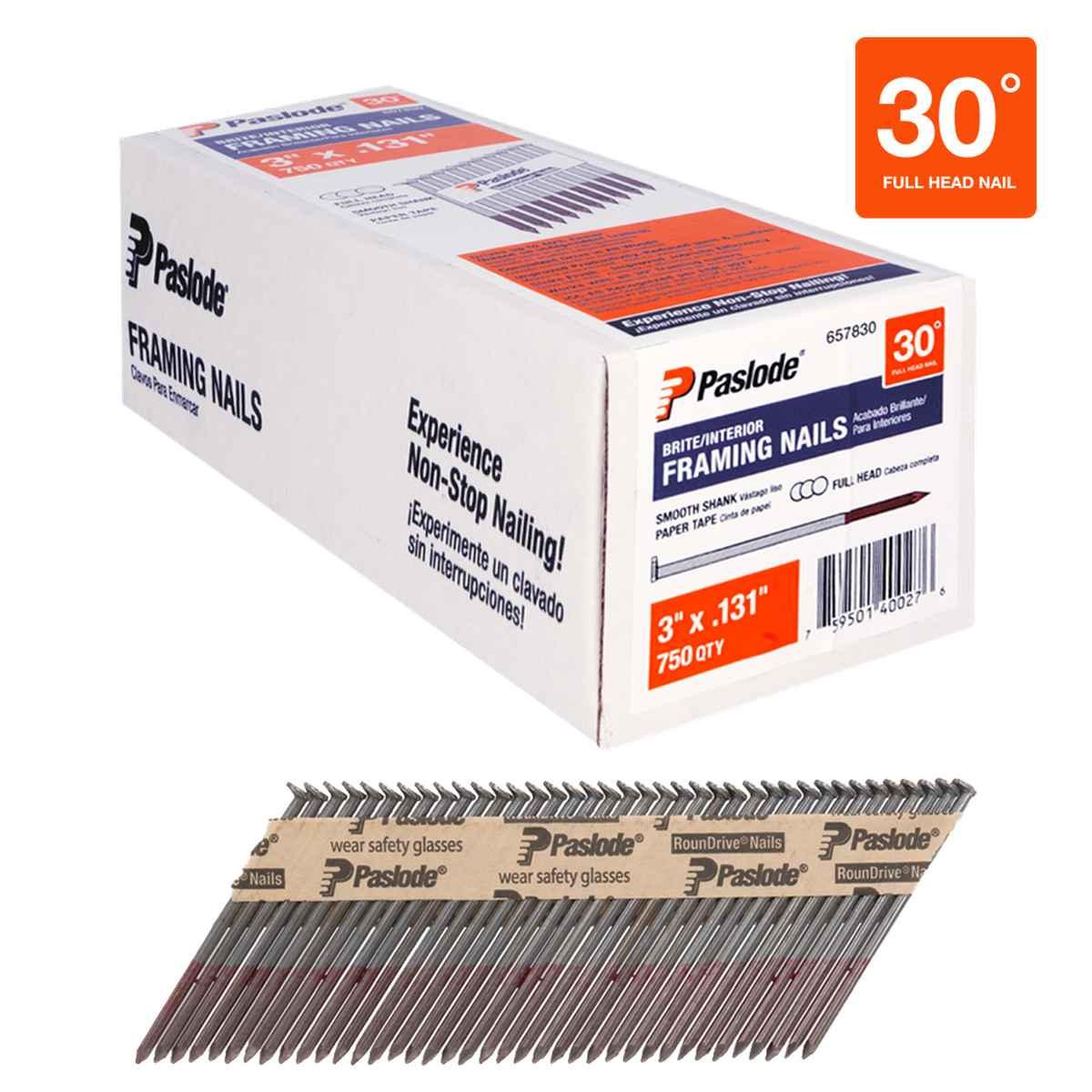 Framing Nails, 3 in, Paper Tape Collated, Brite, Round Head