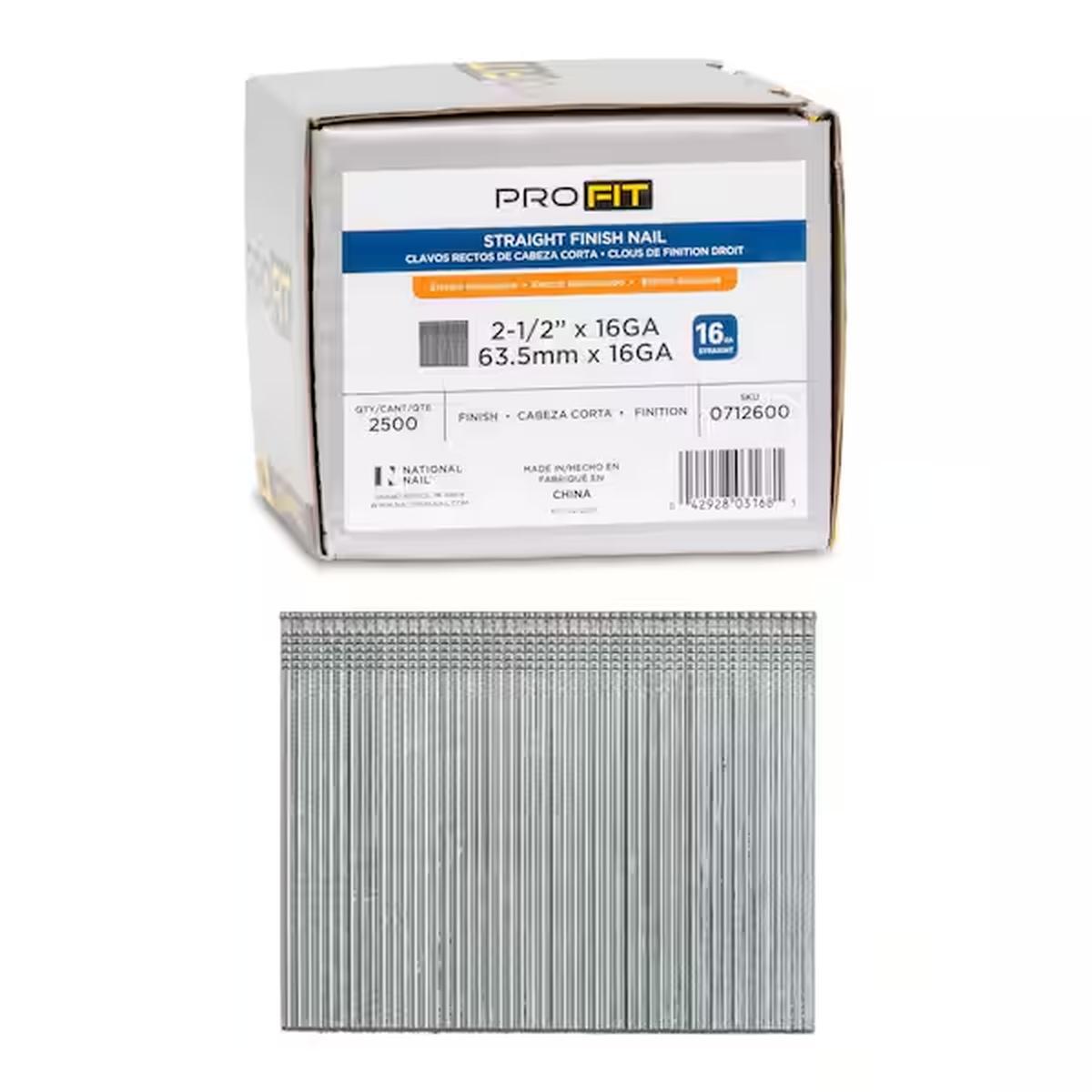 ProFIT 0712600 Series Finish Nail, Glue Collation, 2-1/2 in L, 16 Gauge, Steel, Electro-Galvanized, Brad Head, 2500/PK