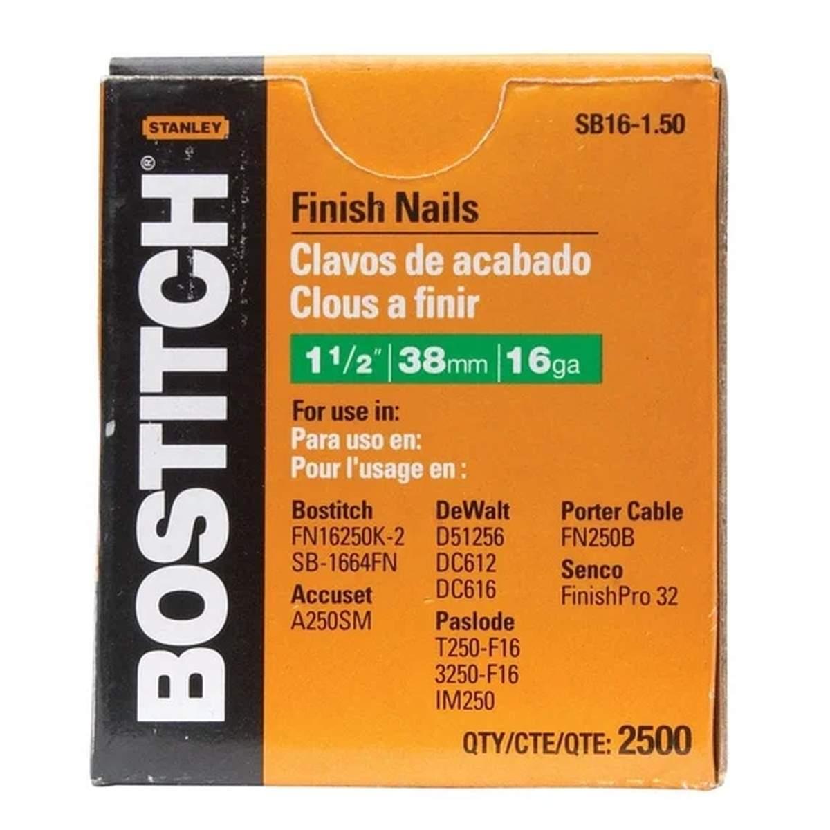 Bostitch SB16-150 Finish Nail, 1-1/2 in L, 16 ga, Steel, Smooth Shank