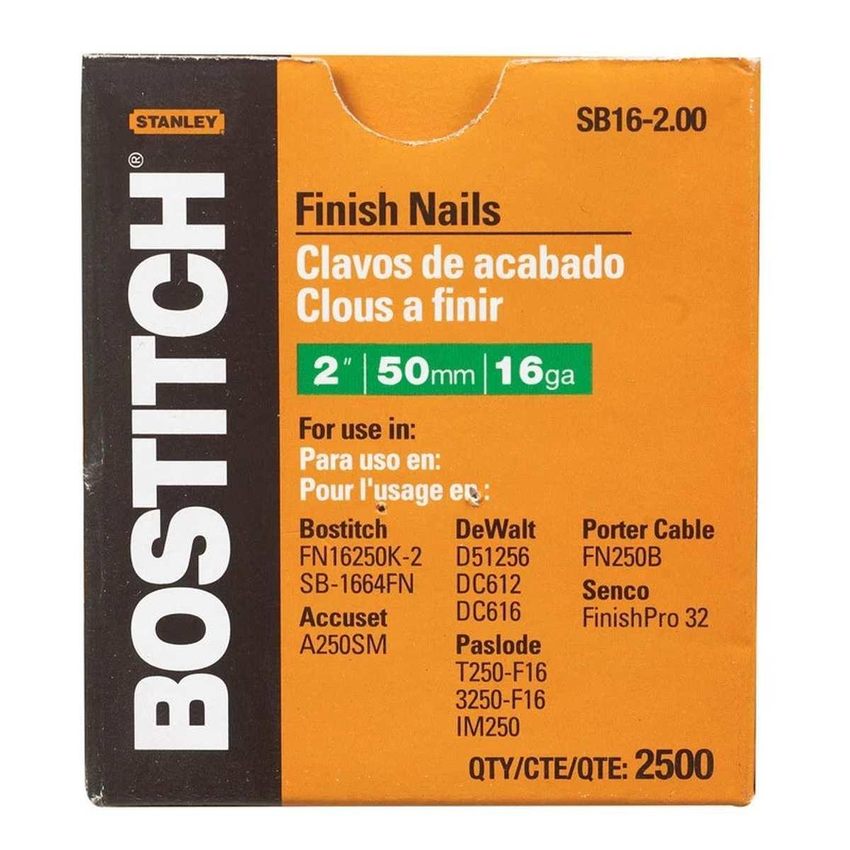 Bostitch SB16-200 Finish Nail, 2 in L, 16 Gauge, Steel, Coated, Smooth Shank