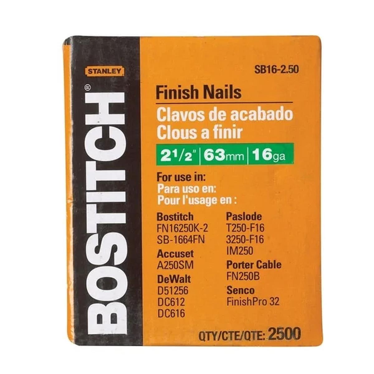 Bostitch SB16-250 Finish Nail, 2-1/2 in L, 16 Gauge, Steel, Coated, Smooth Shank