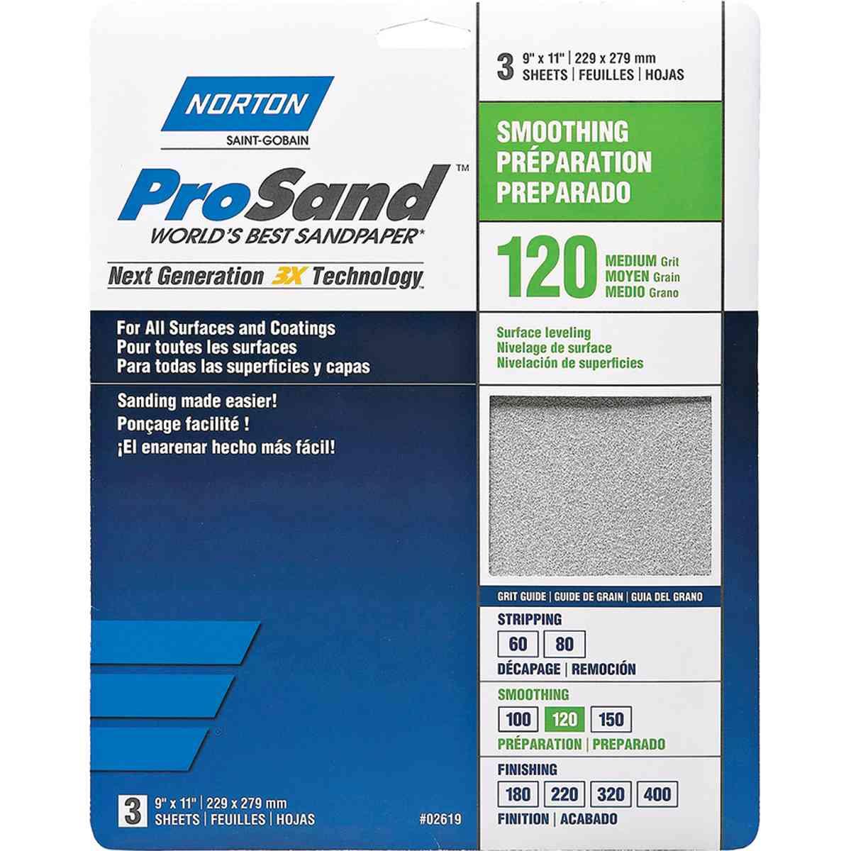 Norton ProSand 07660768161 Sanding Sheet, Tan, 11 in L, 9 in W, Medium, 120 Grit, Aluminum Oxide Abrasive