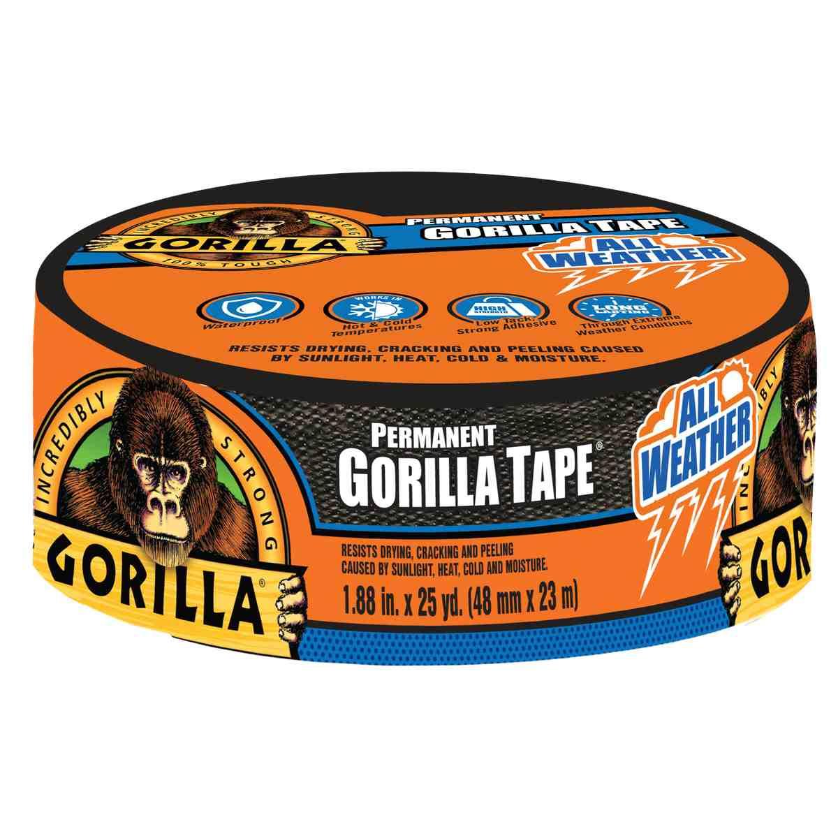 Gorilla 6009002 Permanent Tape, 25 yd L, 1.88 in W, Black