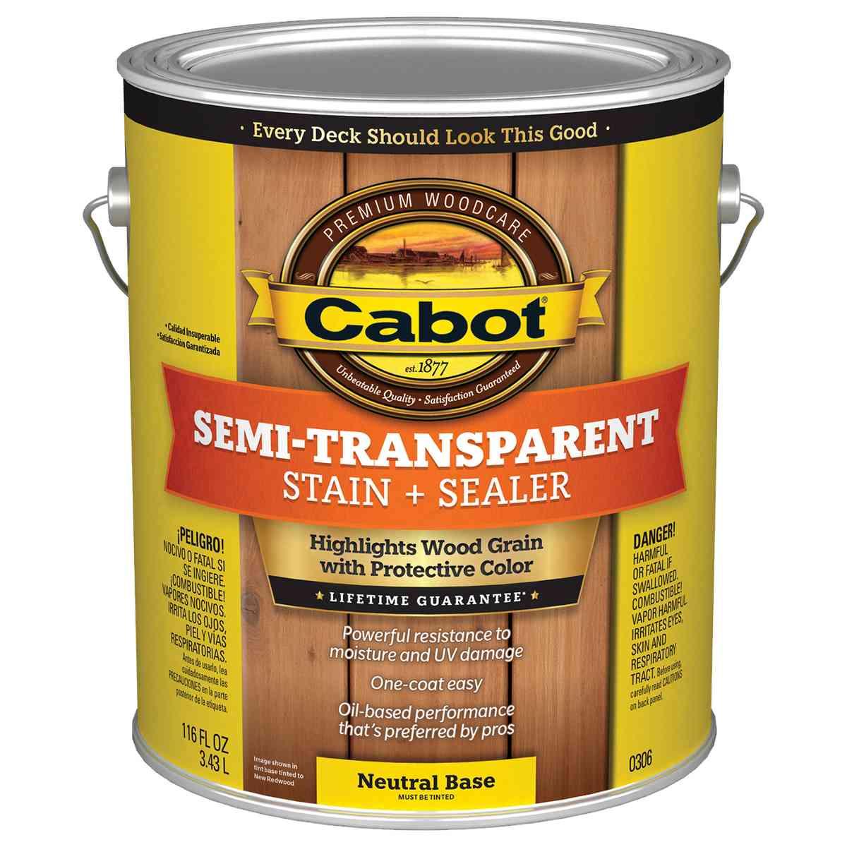 Cabot 0306 Semi-Transparent Stain, Neutral, Liquid, 1 gal Can