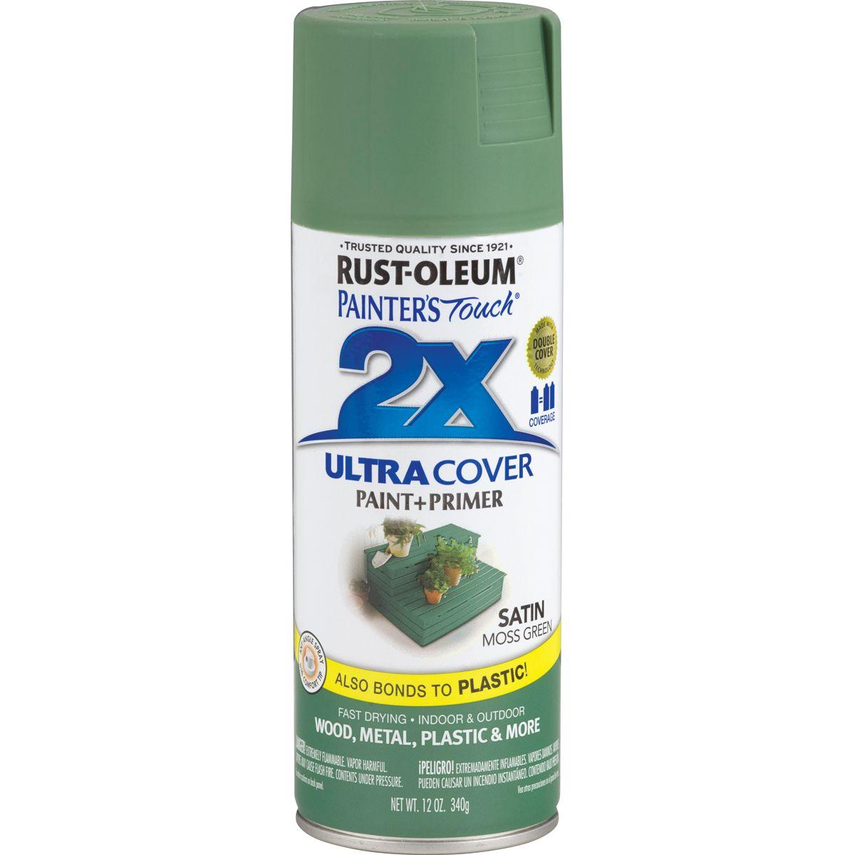 Rust-Oleum Painter's Touch 2X Ultra Cover 334075 Spray Paint, Satin, Moss Green, 12 oz, Aerosol Can