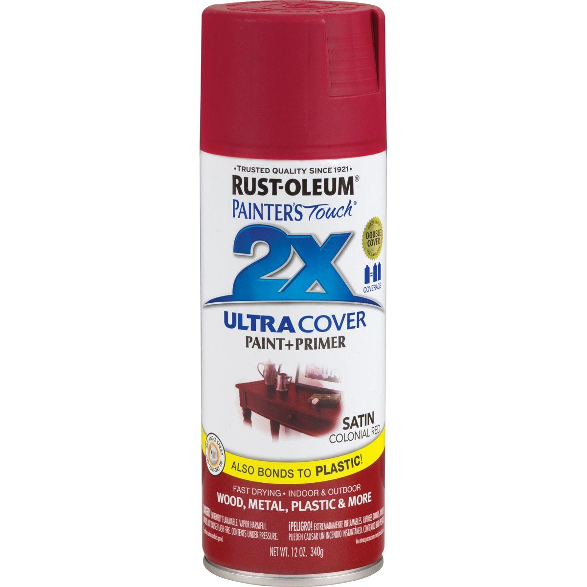 Rust-Oleum Painter's Touch 2X Ultra Cover 334063 Spray Paint, Satin, Colonial Red, 12 oz, Aerosol Can