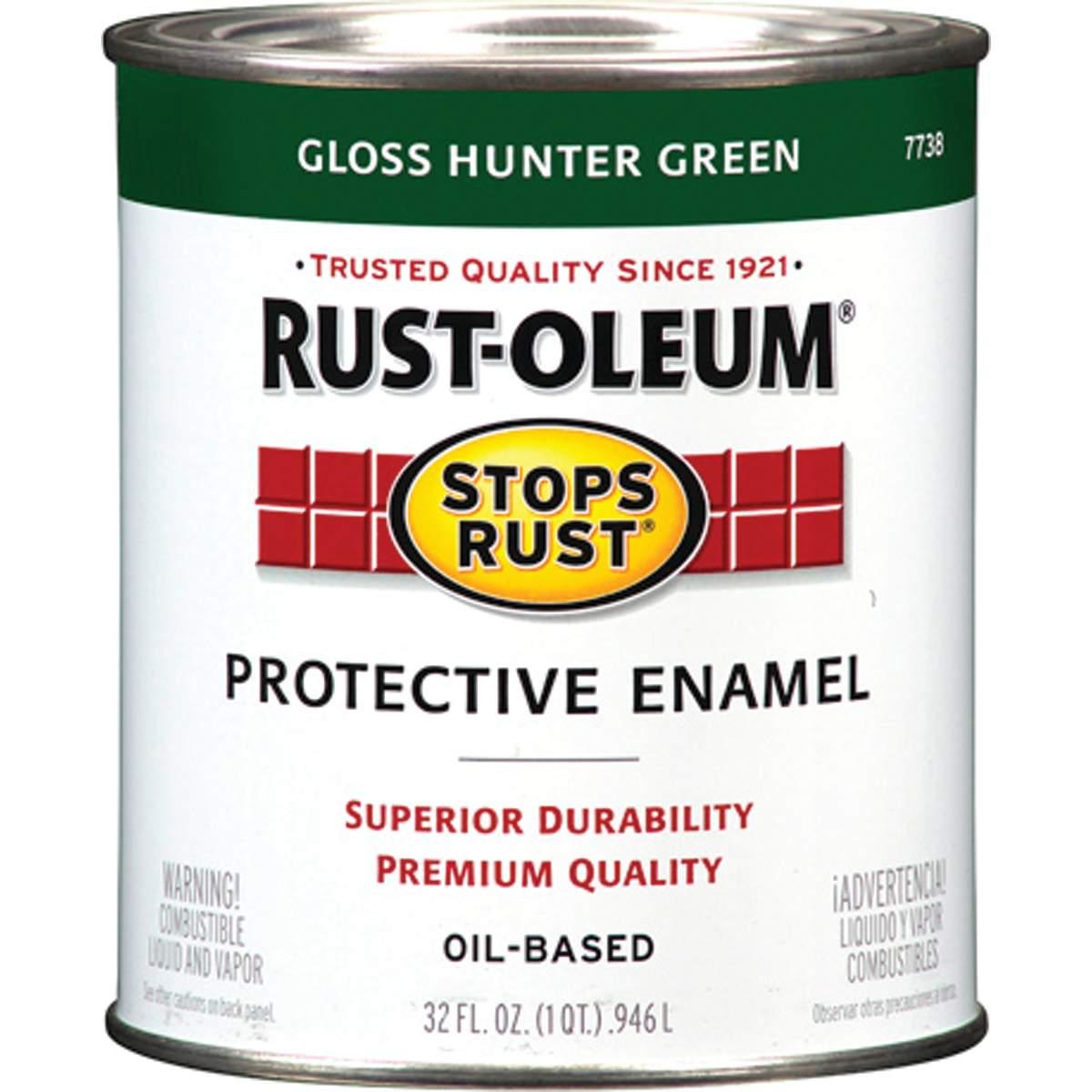 Stops Rust 7738502 Enamel Paint, Oil Base, Gloss Sheen, Hunter Green, 1 qt, Can, 50 to 90 sq-ft/qt Coverage Area