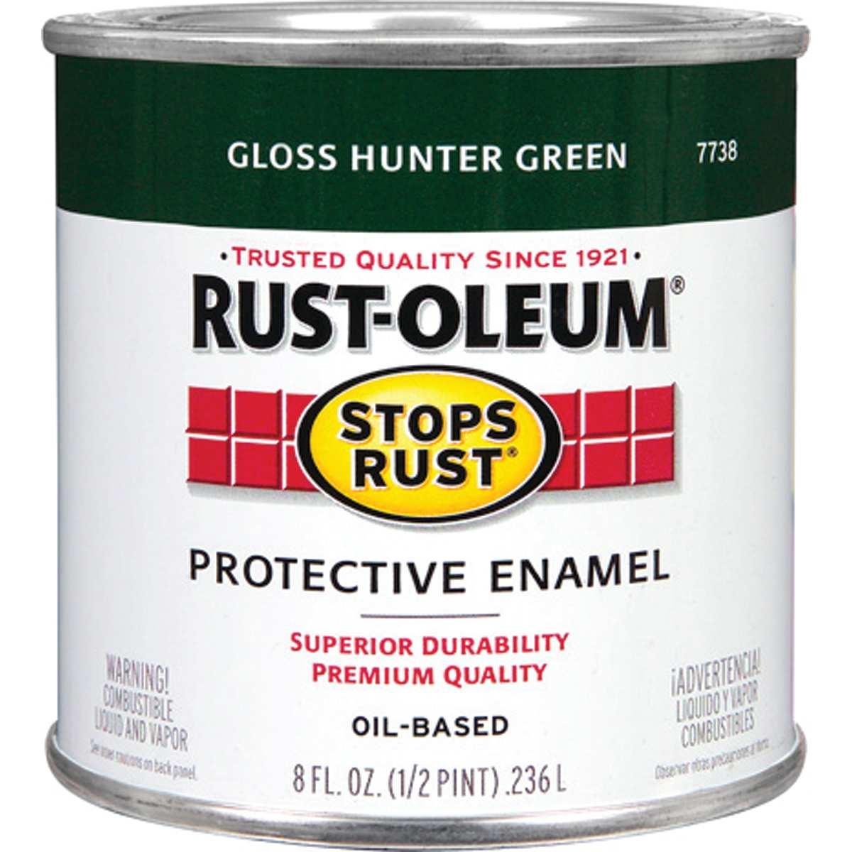 Stops Rust 7738730 Enamel Paint, Oil Base, Gloss Sheen, Hunter Green, 0.5 pt, Can, 50 to 90 sq-ft/qt Coverage Area
