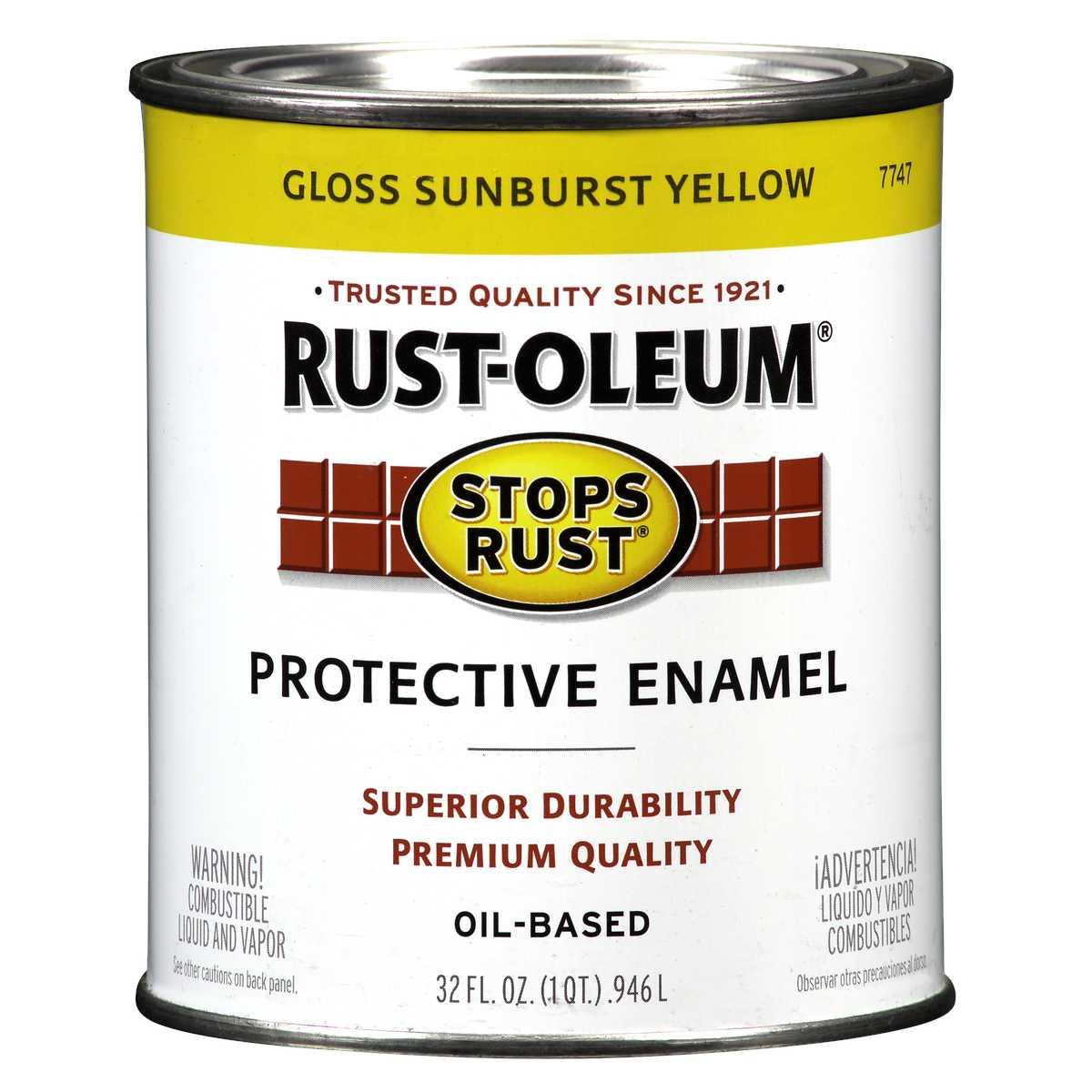 Stops Rust 7747502 Enamel Paint, Oil Base, Gloss Sheen, Sunburst Yellow, 1 qt, Can, 50 to 90 sq-ft/qt Coverage Area