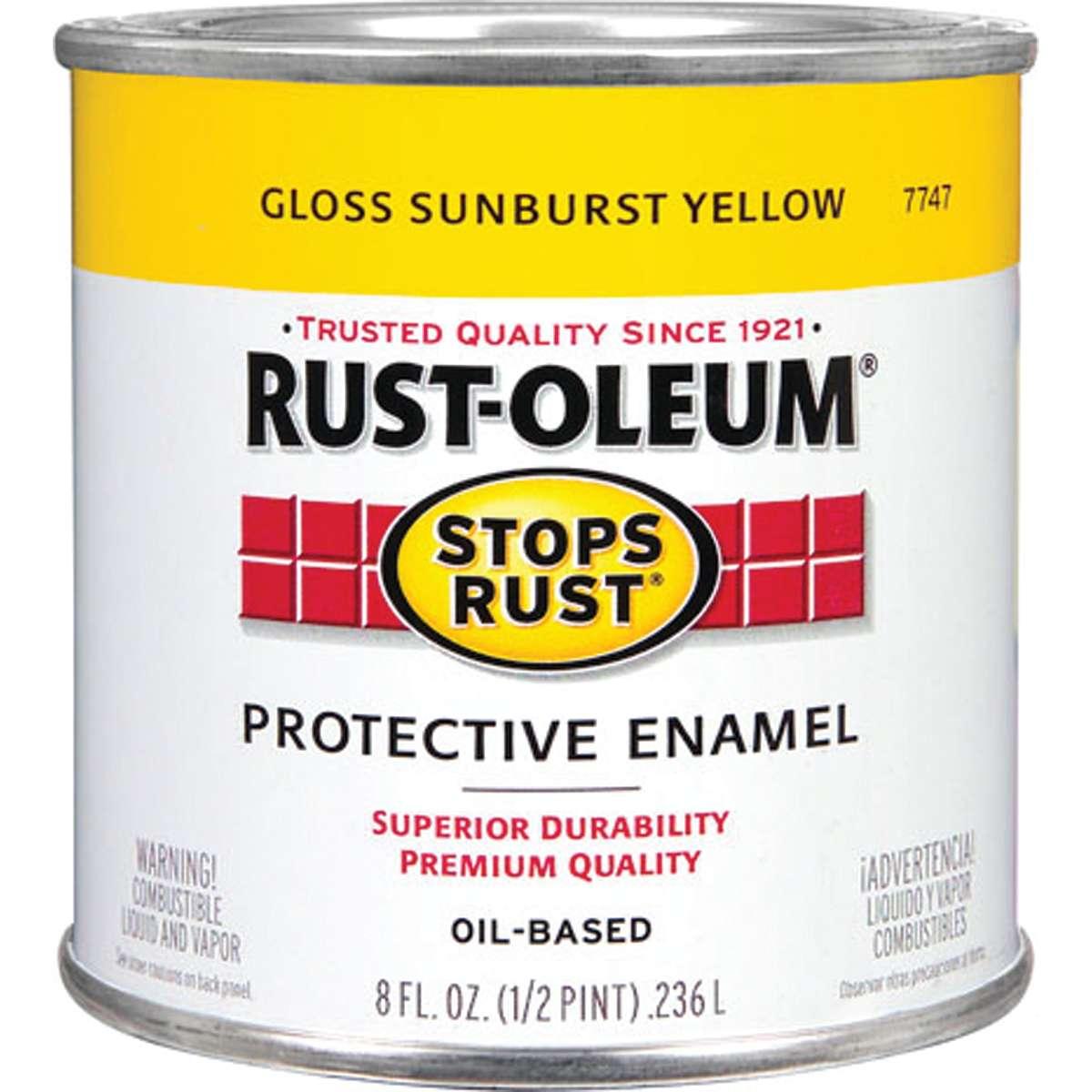 Stops Rust 7747730 Enamel Paint, Oil Base, Gloss Sheen, Sunburst Yellow, 0.5 pt, Can, 50 to 90 sq-ft/qt Coverage Area