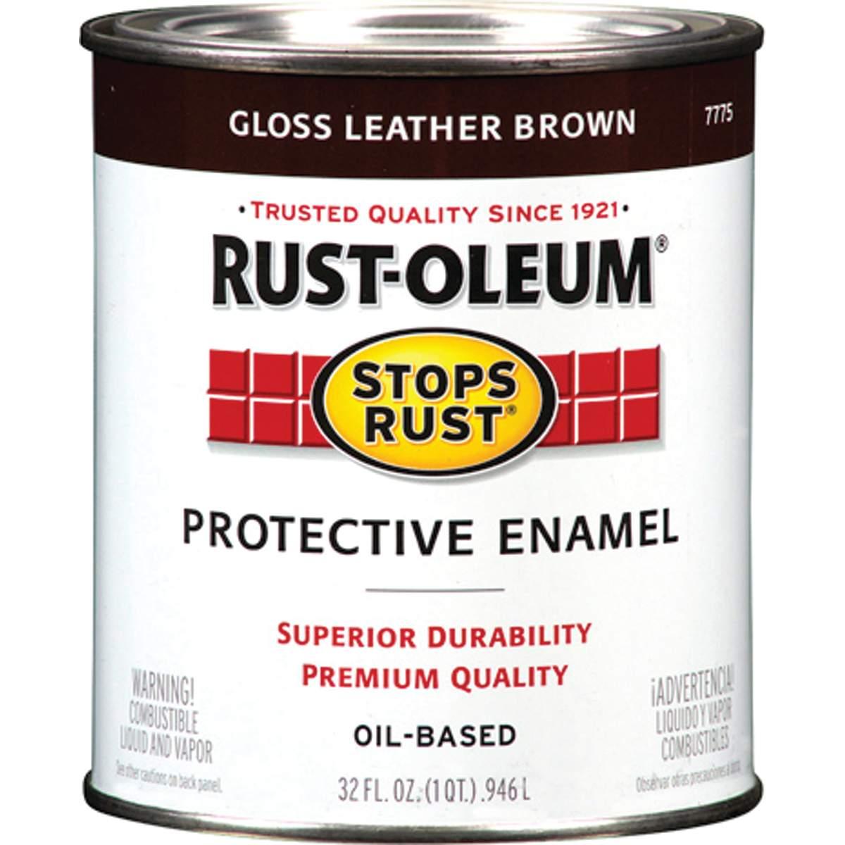 Stops Rust 7775502 Enamel Paint, Oil Base, Gloss Sheen, Leather Brown, 1 qt, Can, 50 to 90 sq-ft/qt Coverage Area