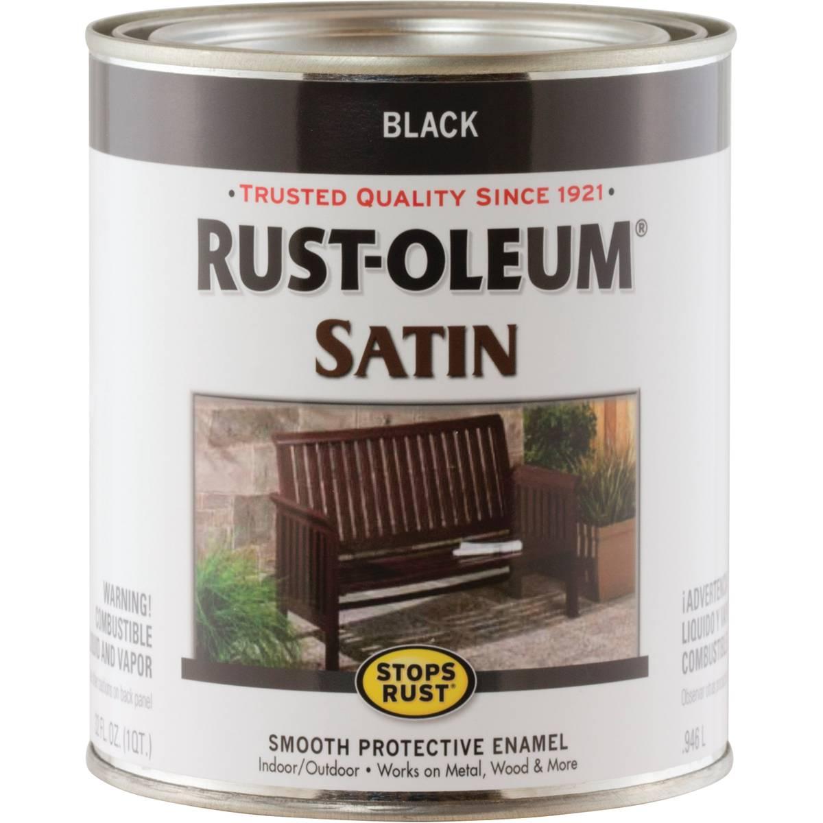 Rust-Oleum 7777502 Enamel Paint, Satin Sheen, Black, 1 qt, Can, 60 to 100 sq-ft/qt Coverage Area