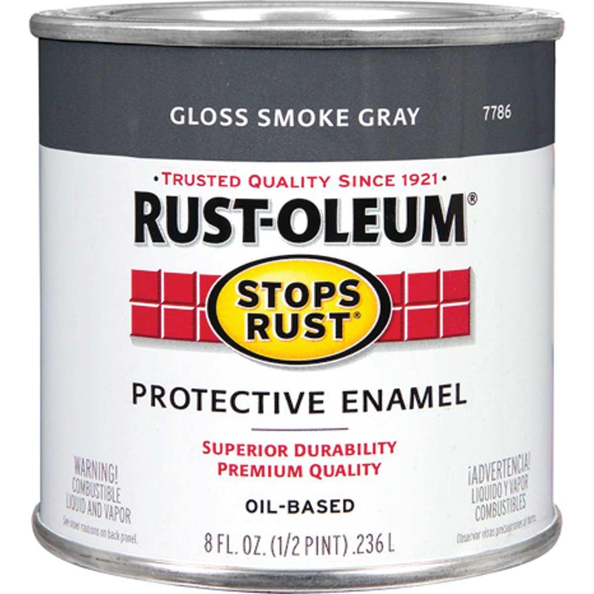 Stops Rust 7786730 Enamel Paint, Oil Base, Gloss Sheen, Smoke Gray, 0.5 pt, Can, 50 to 90 sq-ft/qt Coverage Area