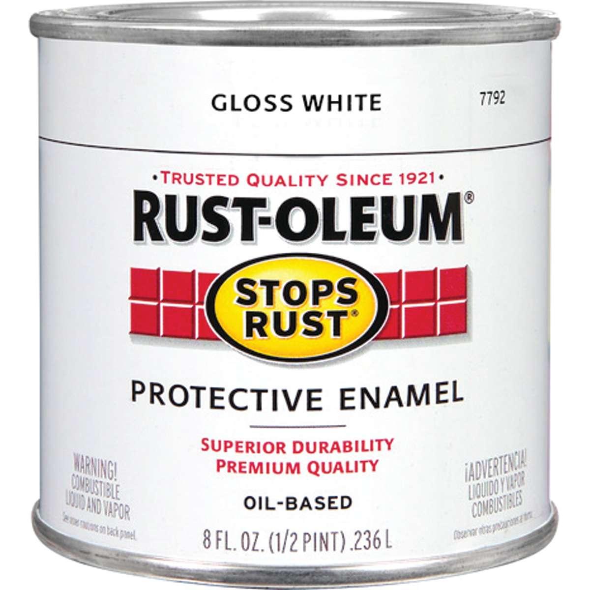 Stops Rust 7792730 Enamel Paint, Oil Base, Gloss Sheen, White, 0.5 pt, Can, 50 to 90 sq-ft/qt Coverage Area